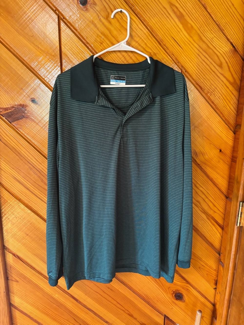 PGA Tour Men’s Long Sleeve Dark Green Striped Polo